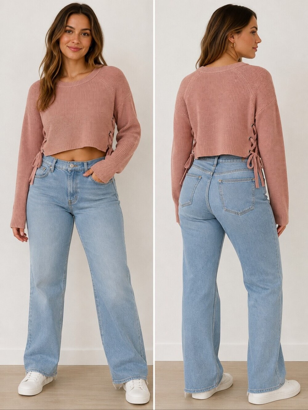 Moon & Madison Cropped Knit Sweater Lace Up Sides Women's Medium M Dusty Peach